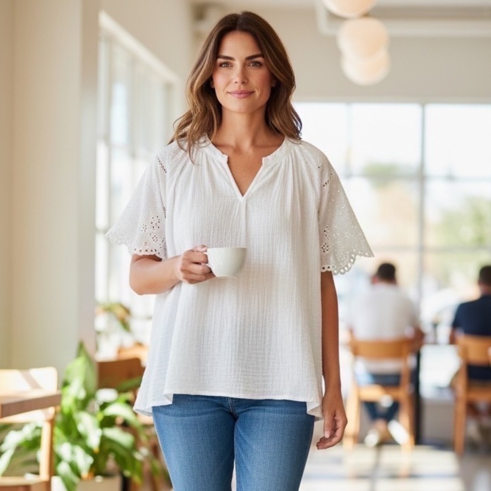 Beachlunchlounge Dessa White Cotton Gauze Eyelet Short Sleeve Top Cottagecore S - Picture 5 of 13